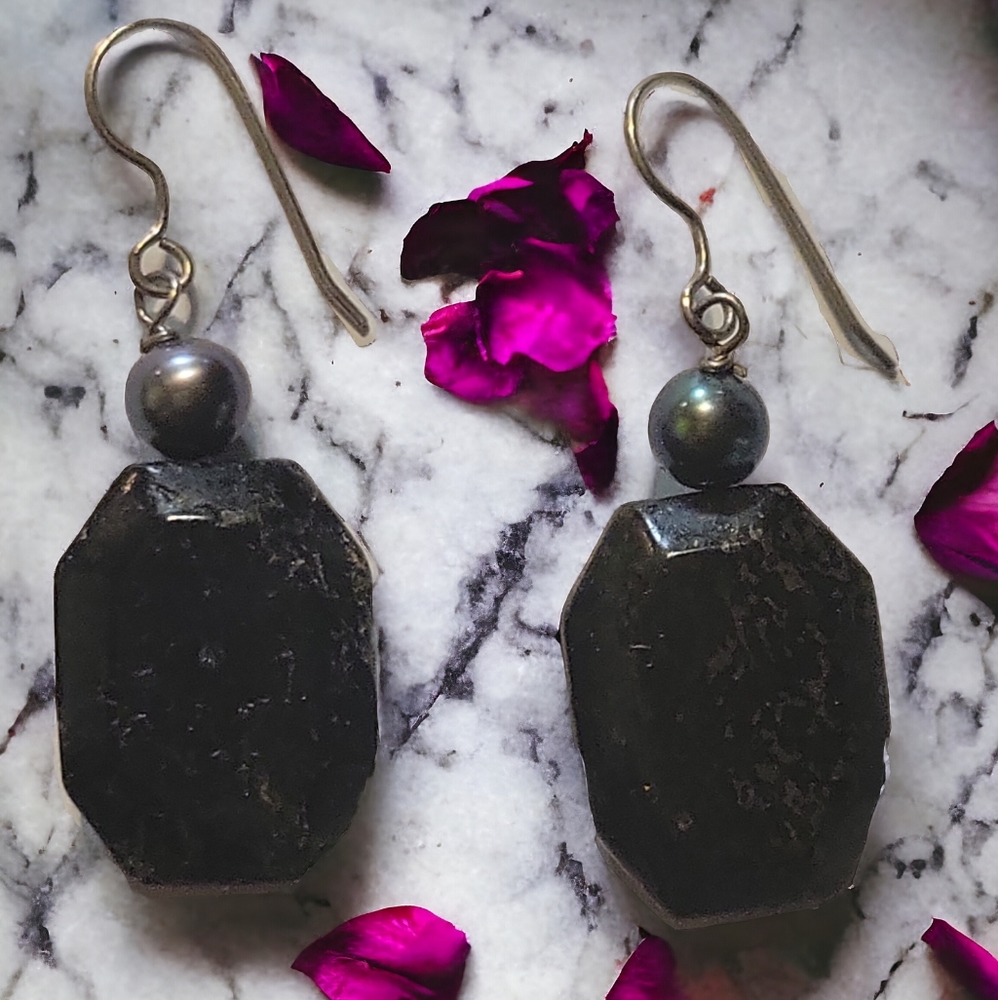 Artistic Obsidian Hematite Black Gemstone Sterling Silver Wire Pierced Earrings